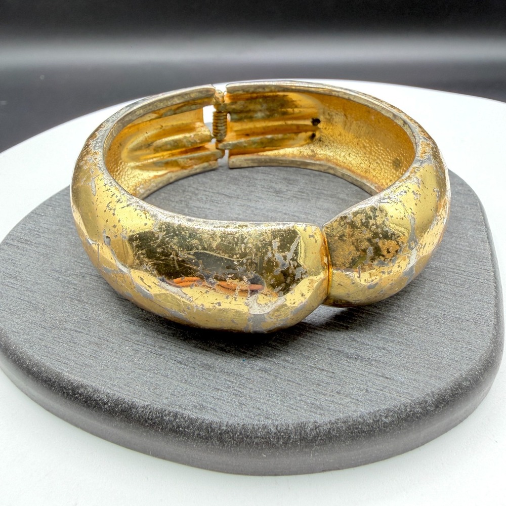Gold Tone Wide Hinged Clamper Bangle Bracelet Chunky Statement Costume Jewelry